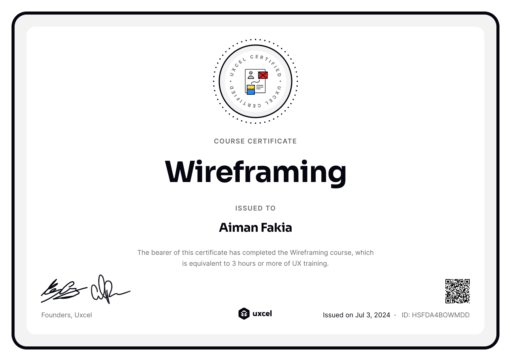 Aiman Fakia's certificate